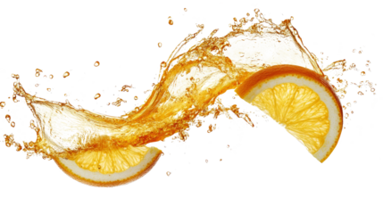 Two orange slices captured in mid-air with vibrant juice splashing around them, representing freshness, citrus, energy, and motion in a dynamic display.