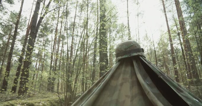 Reenactment Tactic Game. Wermacht German Military Field Tent. Concept Of Military Rest Stop. Rifles Lie On Ammunition. Carabines Mauser 98k During Ww2. Old Vintage German Infantry Army Helmet. Autumn