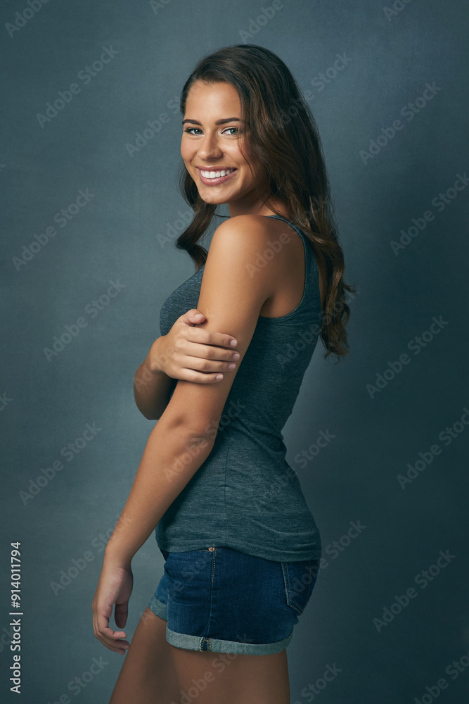 Canvas Prints Happy, beauty and portrait of woman in studio with healthy hair for wellness, texture and growth. Cosmetics, attractive and face of isolated person with confidence, smile and pride on gray background