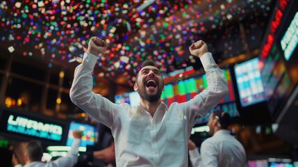 Financial exchange. A person is happy about the fall/rise of shares. Crypto trader investor analyst broker analyzes stock market charts. Stock trading. Finance. Economy. Business.