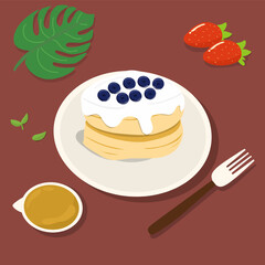 Fluffy Japanese souffle pancakes with whipped cream vector illustration 