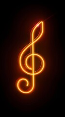 Neon red G-clef on black background glows warmly with depth, giving a 3D look. Elegant and sophisticated visual effect is created by vibrant red light.