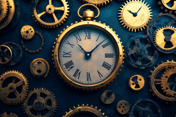 Fototapeta premium An antique gold clock centered and surrounded by intricate metal gears, symbolizing the passage of time and the precision of mechanical engineering.