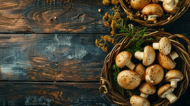 Image shows rustic scene with wicker baskets of mushrooms on dark table. Green plants hint at herbs. Nature theme, no objects on right side.