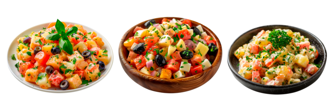 Traditional spanish dish. Set of Olivier salad isolated on white or transparent background. Olivier salad with cheese, olivier and tomatoes in a white, black and wooden plates. Side view.