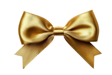 A luxurious gold bow with smooth ribbons, elegantly styled and displayed on a clean white background, perfect for special occasions and gifts.