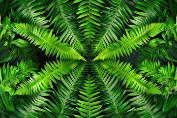 Close up view of lush green fern leaves creating intricate patterns in nature