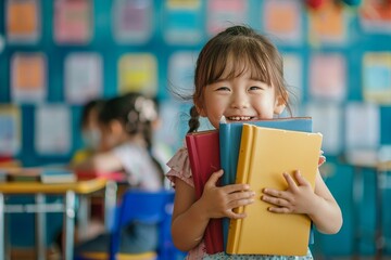 Smiling student colorful books representing joy of education. Confident kid holding stack of books...