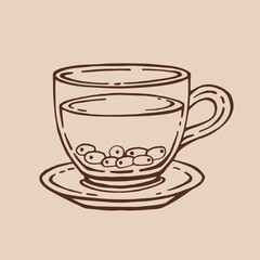 Cup of tea with sea buckthorn. Hand drawn vector illustration in outline style.