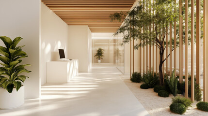Fototapeta premium Minimalist hallway with vertical gardens and natural wood accents