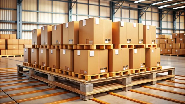 A row of brown parcel boxes stacked on wooden pallets, surrounded by packing tape and labels, conveying efficient product trading and freight forwarding services.
