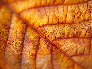 Fototapeta premium Intricate Autumn Leaf Macro Detailed Vein Patterns in Vibrant Hues