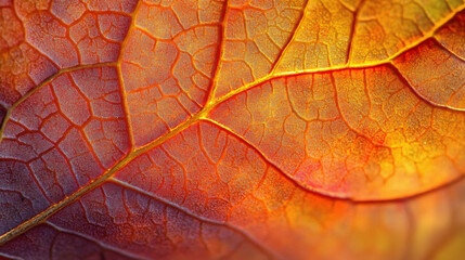 Obraz premium Close-up macro shot of autumn leaf veins, showcasing the intricate details and vibrant colors of the season. Suitable for nature, environmental, and botanical themes.