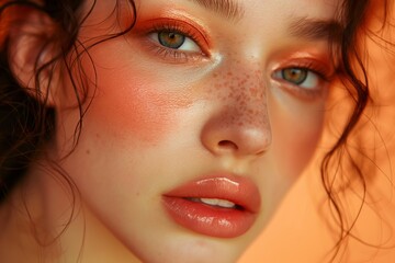 Close-up portrait of a woman with vibrant orange makeup and freckles, highlighting her soft lips and glowing skin.