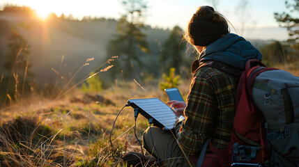A person charges their electronic device using a solar-powered charger in a sunny outdoor setting.