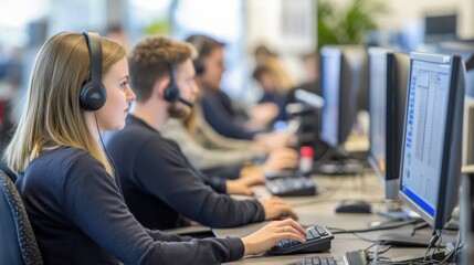 A bustling IT helpdesk with tech support staff assisting clients both in person and over the phone, computer screens displaying troubleshooting guides and customer information, the team working