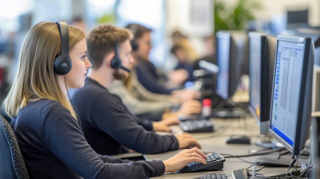 A bustling IT helpdesk with tech support staff assisting clients both in person and over the phone, computer screens displaying troubleshooting guides and customer information, the team working