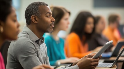 A diverse group of adults in a classroom setting, each with a tablet or laptop, engaged in an IT training session, the instructor moving around the room offering assistance and guidance