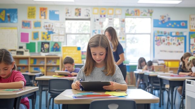A bright and busy elementary school classroom, children working on tablets at their desks, a teacher moving around helping students, the room decorated with colorful posters and student artwork