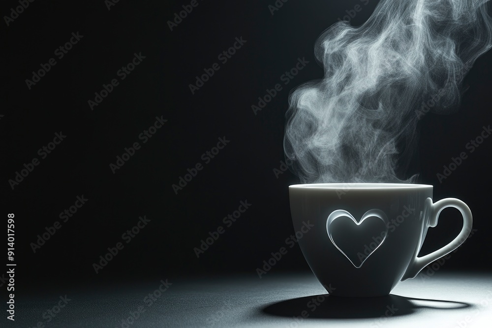 Wall mural white coffee cup with smoke, and shadow from handle in heart form, isolated on black background, dri