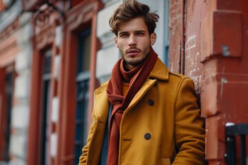 Fashionable man in a yellow winter coat and scarf, standing on a city street with historical architecture in the background.