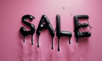 Word Sale in glossy black liquid letters dripping on pastel pink background. Promotions, marketing, and advertisements