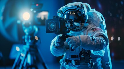 Astronaut Filming With Camera in Space-Themed Studio During Evening Hours