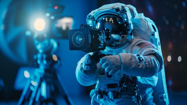 Astronaut Filming With Camera in Space-Themed Studio During Evening Hours