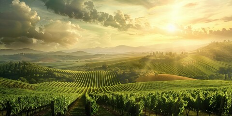 Naklejka premium Sunset over vineyards, picturesque vineyard landscape, symbolizing agriculture and wine production,