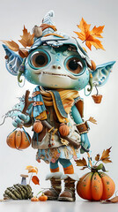 Fototapeta premium 3. Adorable 3D goblin character with big eyes and colorful skin tones, posed joyfully with pumpkin decorations in a whimsical watercolor style 