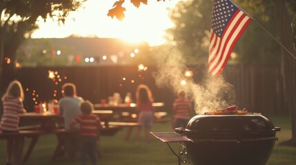 An intimate backyard barbecue on Labor Day weekend, with a family gathered around a sizzling grill, surrounded by picnic tables adorned with red, white, and blue decorations, children playing with