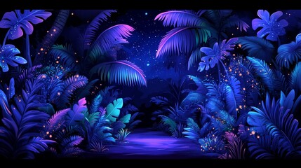 A vibrant and enchanting illustration of a tropical jungle at night, illuminated by a mesmerizing neon glow. 