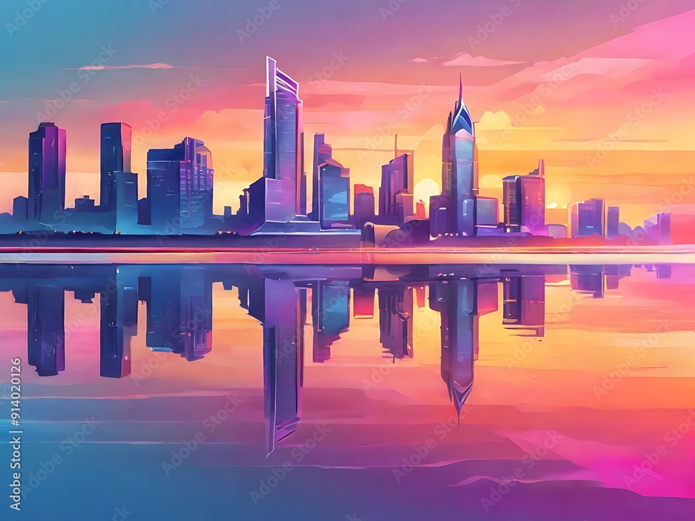 Wall mural A city skyline at sunset with buildings and streets in pastel and bright gradients, reflecting off the water.