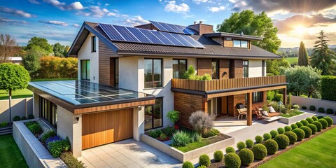Obraz premium Modern eco-friendly home with sleek solar panels installed on rooftop, blending seamlessly into the suburban landscape, promoting renewable energy and sustainable living.