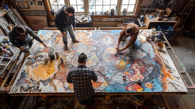 A detailed image of artists and designers passionately working on a large mural, representing creativity and collaboration, captured from a top-down angle,