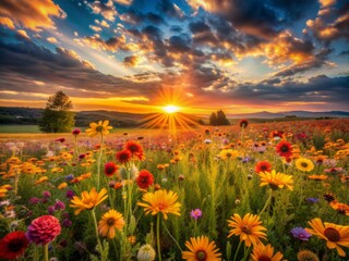 Fototapeta premium Vibrant warm sunset light illuminates a serene field of flowers, petals swaying gently in the gentle breeze, casting a magical golden hour glow.