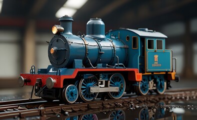 Naklejka premium Toy vintage steam locomotive on the floor under a decorated Christmas tree on a background of bokeh lights garland. Christmas and New year celebration concept