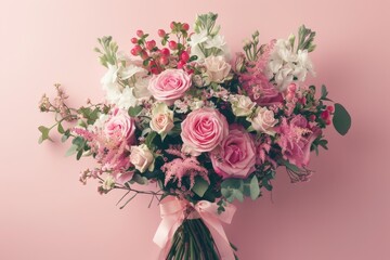 A beautiful bouquet of pink and white flowers arranged against a soft pink background, creating a romantic and elegant floral display.