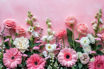 Obraz premium A beautiful arrangement of pink flowers and greenery on a textured pink background, creating an elegant and romantic floral display.