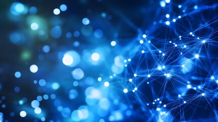 Fototapeta premium Blue Background with Glowing Network Connections and Light Beams - Global Connectivity for Digital Marketing in Digital Art Style