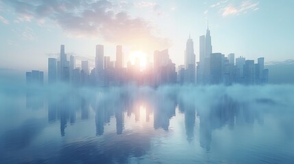 Fototapeta premium Dawn Breaking Over a Misty City Skyline Reflected in Calm Waters