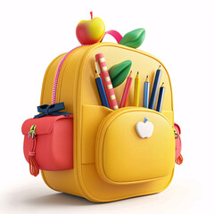 School backpack with school supplies isolated on white background. 3d illustration