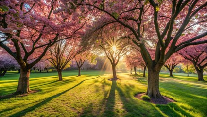 Soft morning light illuminates delicate pink blossoms in a serene deserted park, casting gentle shadows on the lush green grass beneath.