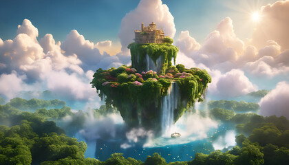 Enchanted Floating Island with Cascading Waterfall and Lush Greenery - Photorealistic Fantasy Scene