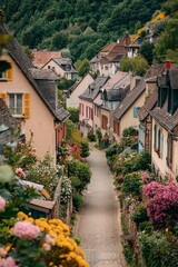 Naklejka premium Bird's-eye view of a European village in spring, with pastel-colored houses and blooming flowers lining the streets.