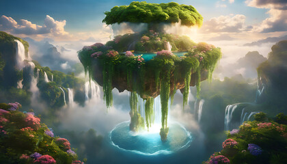 Enchanted Floating Island with Cascading Waterfall and Lush Greenery - Photorealistic Fantasy Scene