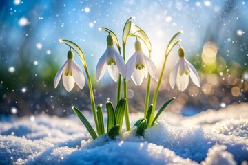 Delicate white snowdrop flowers bloom through the snow, their pure petals glistening against a backdrop of frosty winter wonderland landscape, symbolizing hope and renewal.