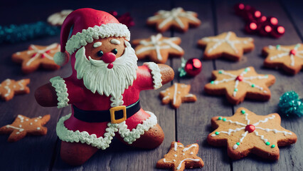 gingerbread santa and cookies for christmas, cinematic, illustration