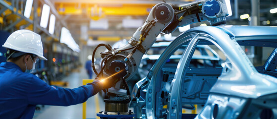 Fototapeta premium Automated Car Manufacturing: A skilled worker in a modern factory oversees a robotic arm welding a car frame.