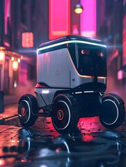 Futuristic Autonomous Delivery Robot with Minimalist Metallic Design and Glowing Accents
